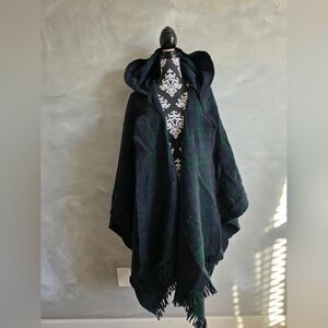 Vintage Tartan Plaid Poncho Hooded Wool Open Front Blue Green Amana OS Unisex